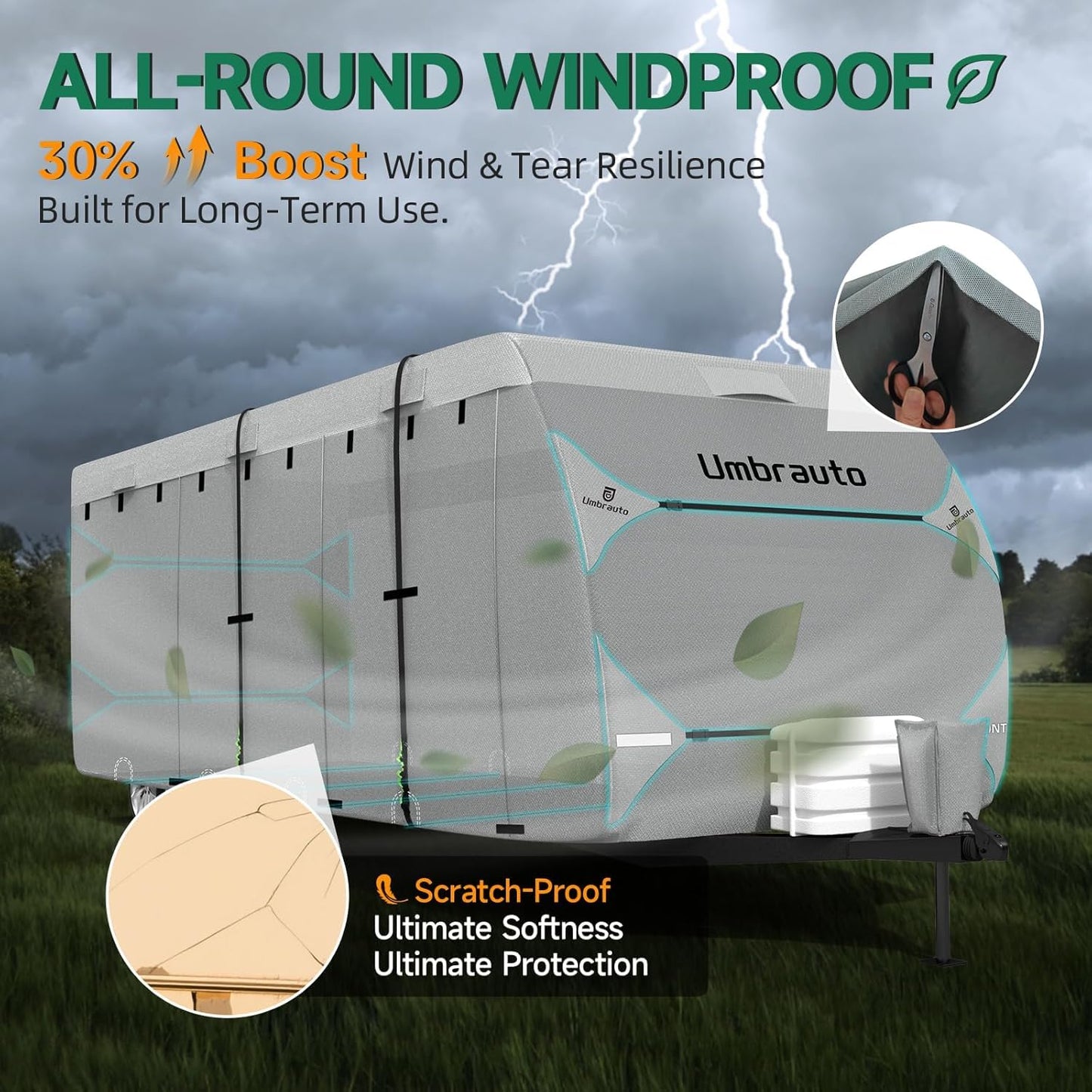 Umbrauto RV Cover 27-30ft: 7 Layers Travel Trailer Cover, Waterproof Camper Cover, Toy Hauler Cover with Tongue Jack Cover, Extra Windproof Ropes, Gutter Covers
