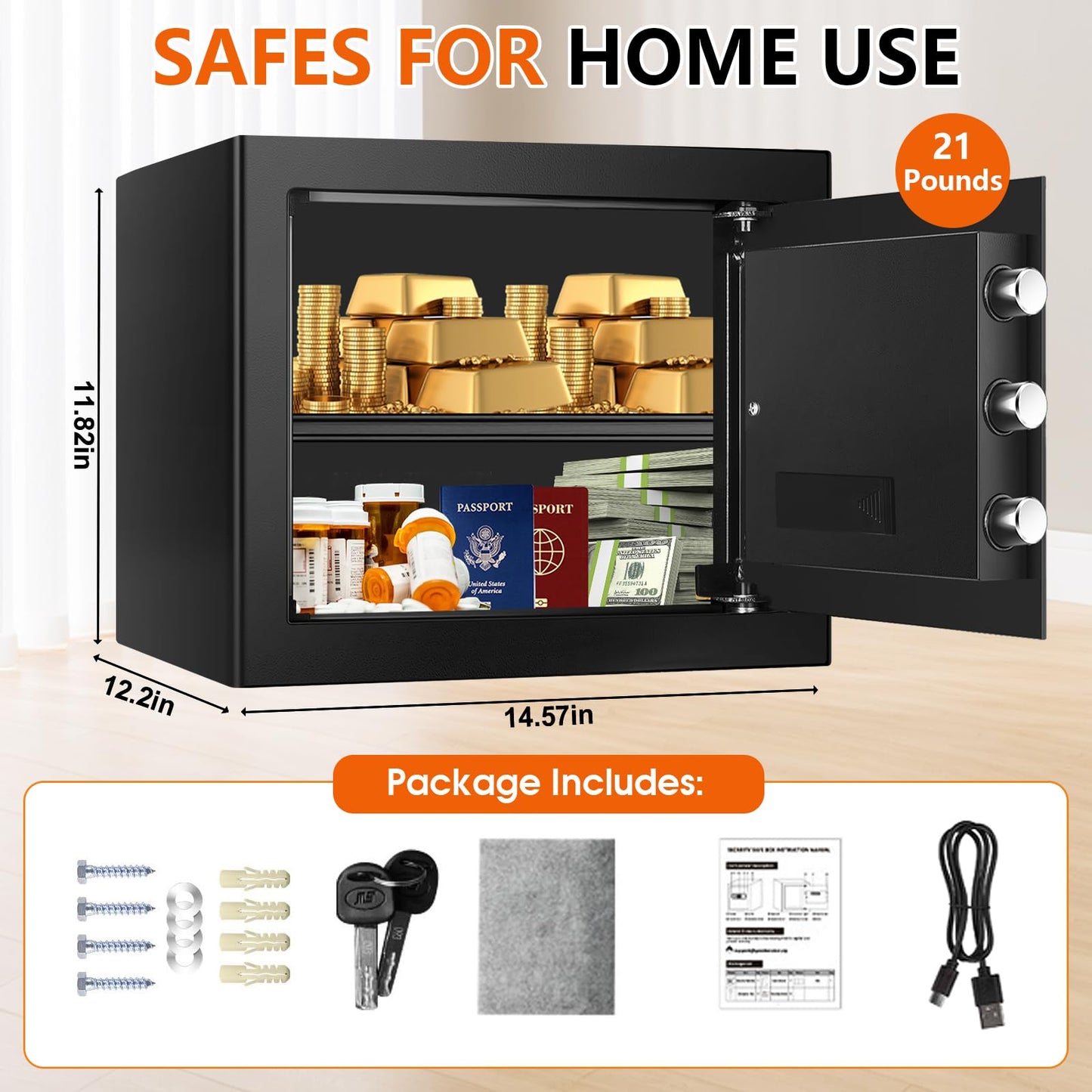 1.8 CUFT Fire Proof Safe for Home Documents, Steel Security Fireproof Safe with Programmable Keypad, Removable shelf and Spare Keys, Home Safes Water and Fireproof for Money Medicine and Valuables