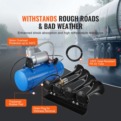 VEVOR 4 Trumpet Air Horn Kit, 150dB Train Horns for Pickup Trucks, 12V 120 psi Air Compressor 1.6 Gal/6 L Tank with Gauge for Any 12V Vehicle Car Truck Train Van Boat