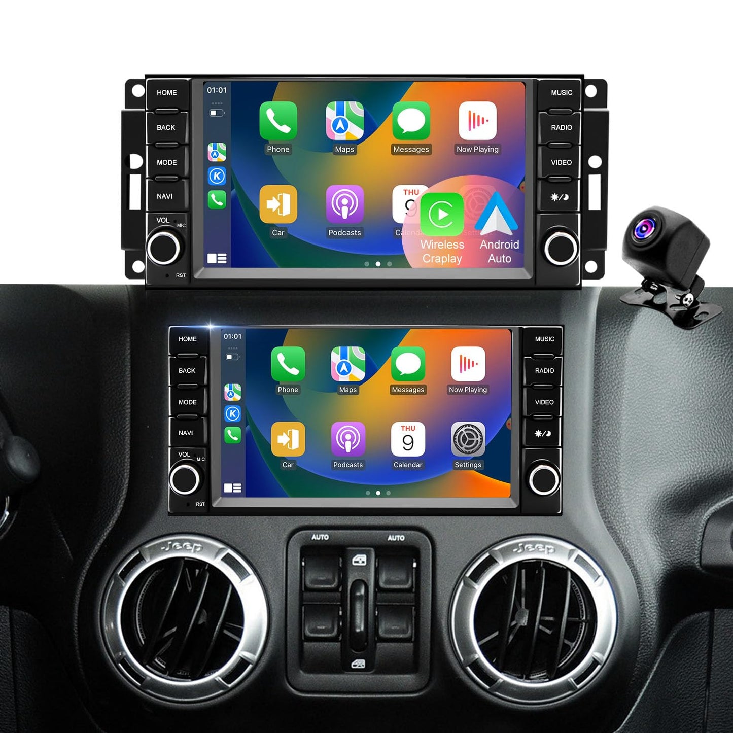 Car Radio for Jeep Wrangler JK 2007-2017, Dodge Ram 1500/2500/3500 2009-2012, Dodge Avenger 2008-2014, Jeep Compass Patriot 2009-2016, Touch Screen Stereo, Wireless CarPlay Bluetooth WiFi GPS FM SWC