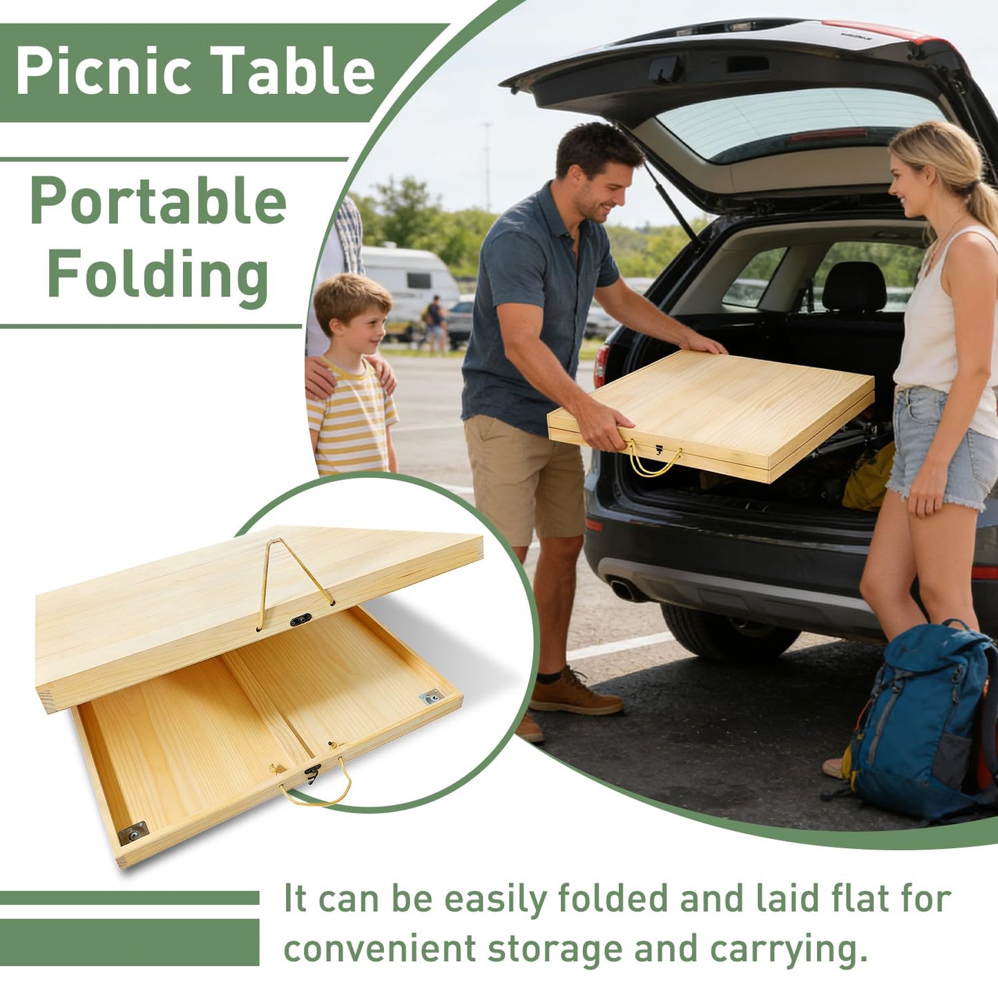 YIRCELOM Folding Picnic Table with Table Runner, 60" x 30" Large Wooden Japanese Floor Table, Portable Boho Low Picnic Table, Adjustable Heights Legs, for Indoor Outdoor Camping, for 6-8 People