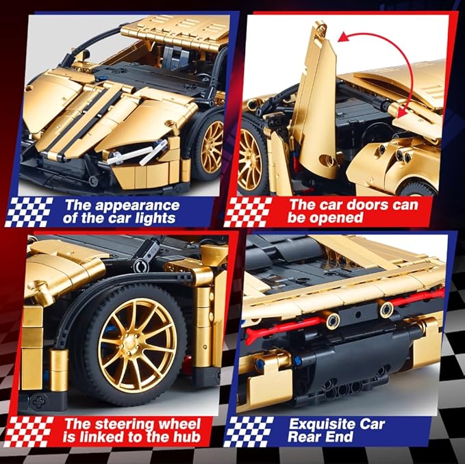 Sports Car Building Set for Adults - 1:14 MOC Toy Car Building Block Racing Car Model Kit Gifts for BoyfriendsBoys and Teens Age 8-14 (Gold)