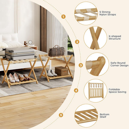 Oakvora Full Assembled 26.77"L Luggage Rack for Guest Room, Set of 2 Foldable Suitcase Stand with 5 Nylon Straps, Luggage Holder with Shoe Shelf for Suitcases Hotel (Natural Wood Bamboo Luggage Stands)