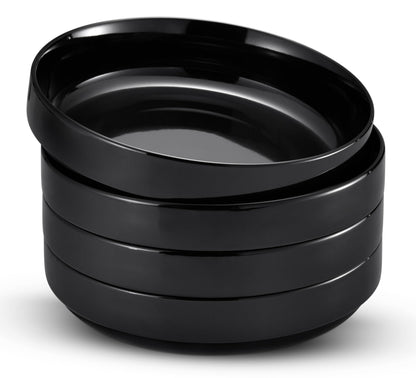 KooK Pasta Bowl, Bowl Plate, Low Bowl, Plate Bowls, Ceramic Large Shallow Bowls, Microwave and Dishwasher Safe, Great for Soups and Salads, Glossy Porcelain, 47 oz, Set of 4, Black