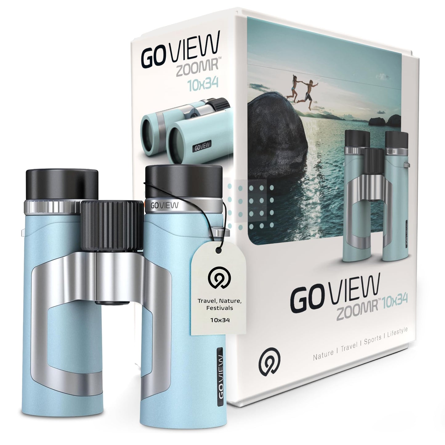 GOVIEW ZOOMR 10x34 Binoculars for Adults | Lightweight | BAK4 Prism with Fully Multi-Coated Optics | Smartphone Adapter Compatible | Waterproof IPX5/6 PORTR™ Strap with Easy Click Closure - Miami Blue