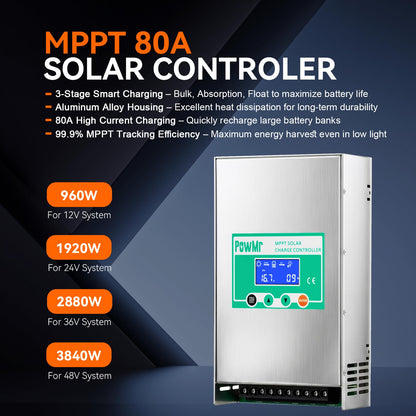 PowMr 80A MPPT Solar Charge Controller 12V 24V 36V 48V Auto, 80Amp Negative Ground Solar Panel Regulator, Aluminum Housing for LiFePO4 Lead Acid Battery, Fits RV Marine Off Grid