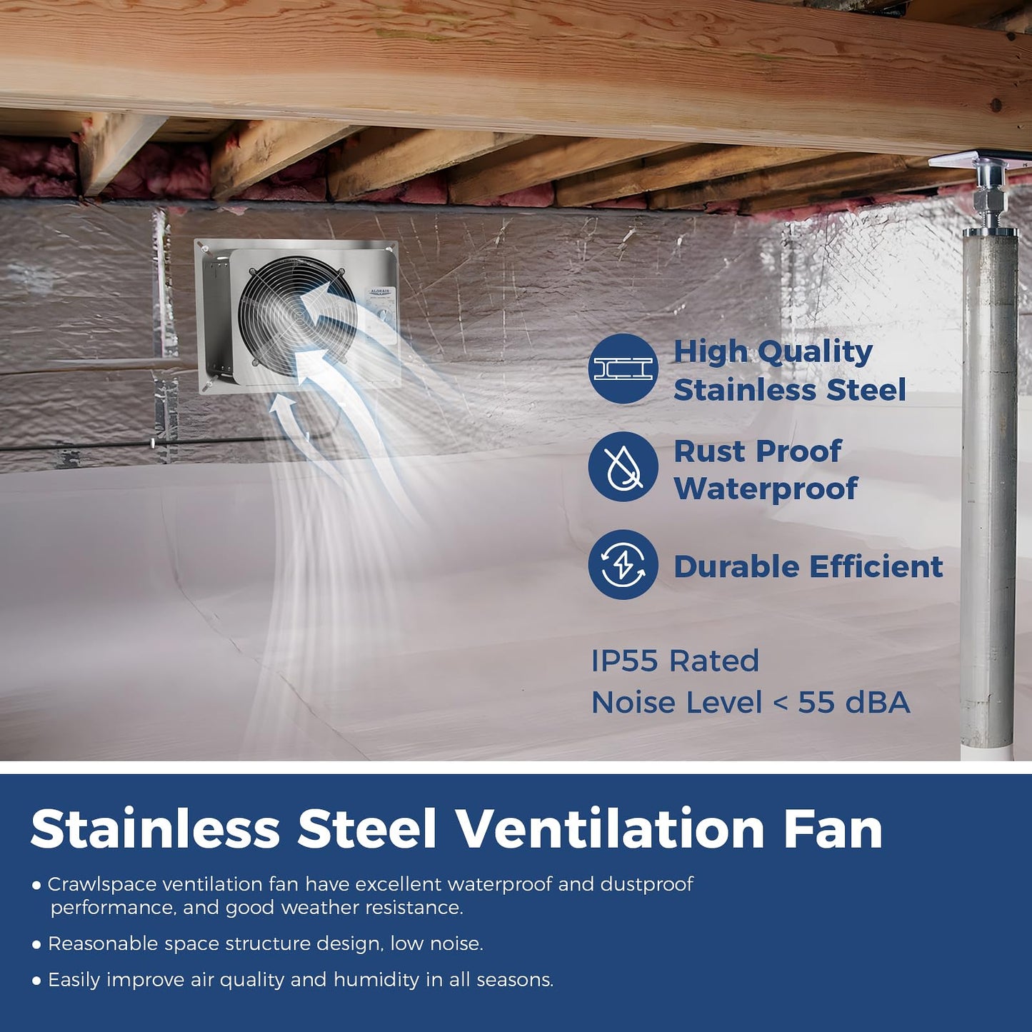 ALORAIR 780CFM Crawlspace Ventilation Fan with Humidistat, IP55 Rated Basement Stainless Steel Exhaust Fan, Built-In Isolation Net 8.1 Inch Foundation Vent Fan for Crawl Space, Garage, Attic,Grow Tent