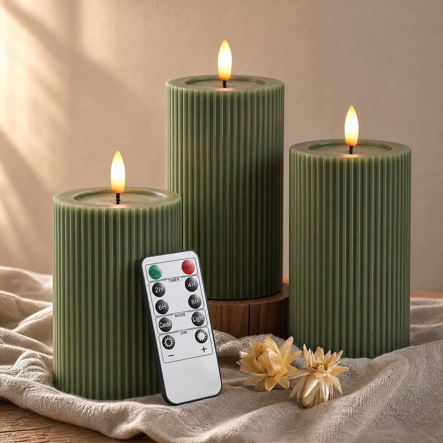 WYZworks Ribbed Fluted Real Wax Flameless LED Pillar Candles, Loden Sage Olive Green, Melted-Wax Top Look, Flickering Flame, Battery Operated, Remote & Timer, Shelf & Wedding Decor (Set of 3)