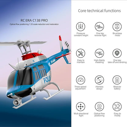 C138Pro 206 Remote Controlled Helicopter for Adults Beginners RC Heli Aileronless 6CH 6-Axis Gyroscope Air Pressure Hold Optical Flow Position Fly Upside Down 3D Rolling RTF 2Batteries