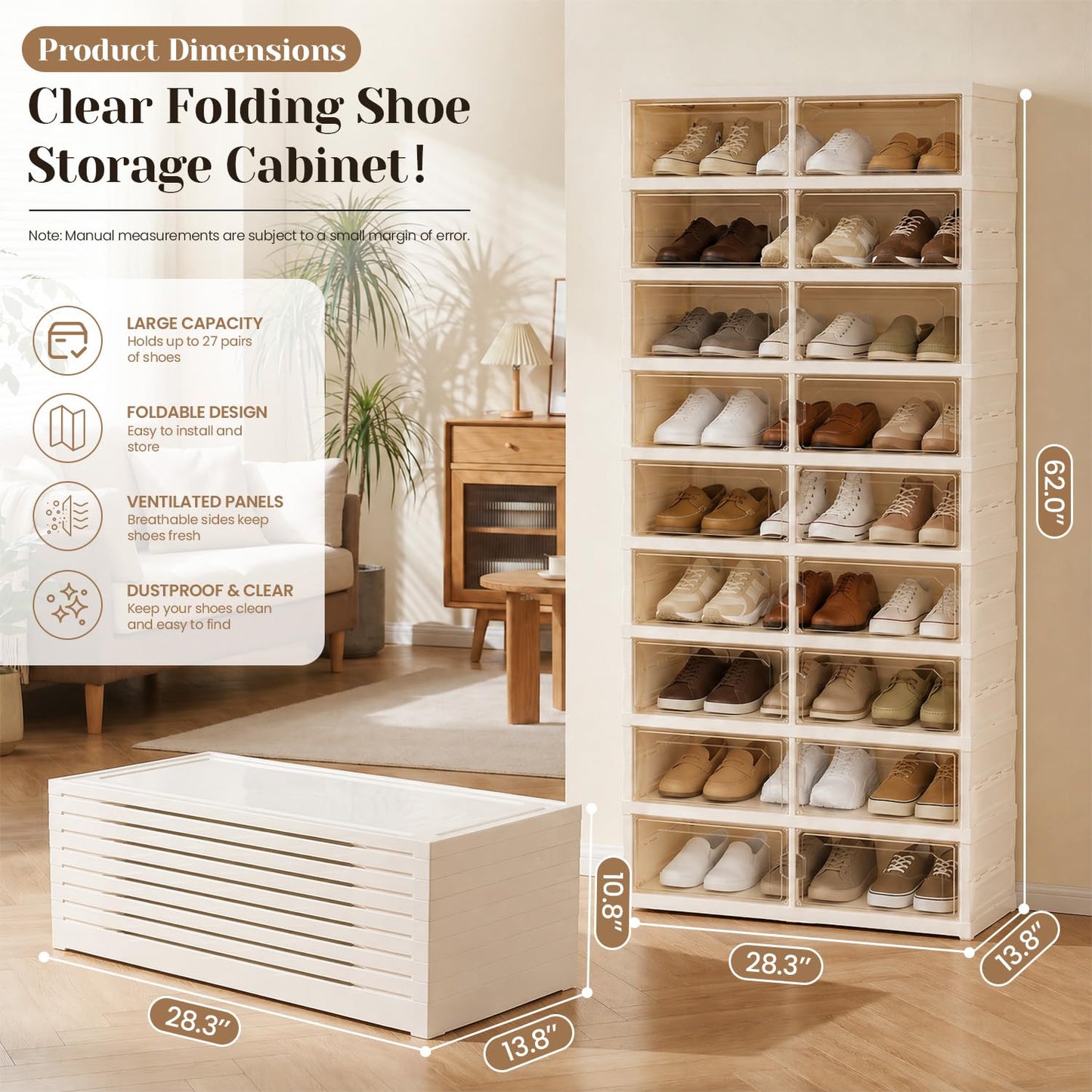 Tykacna Foldable Shoe Rack with Doors, Stackable Plastic Shoe Organizer, Large Clear Shoe Storage Boxes for Closet and Entryway, Portable Collapsible Shoe Cabinet 9 Tiers, 27Pairs