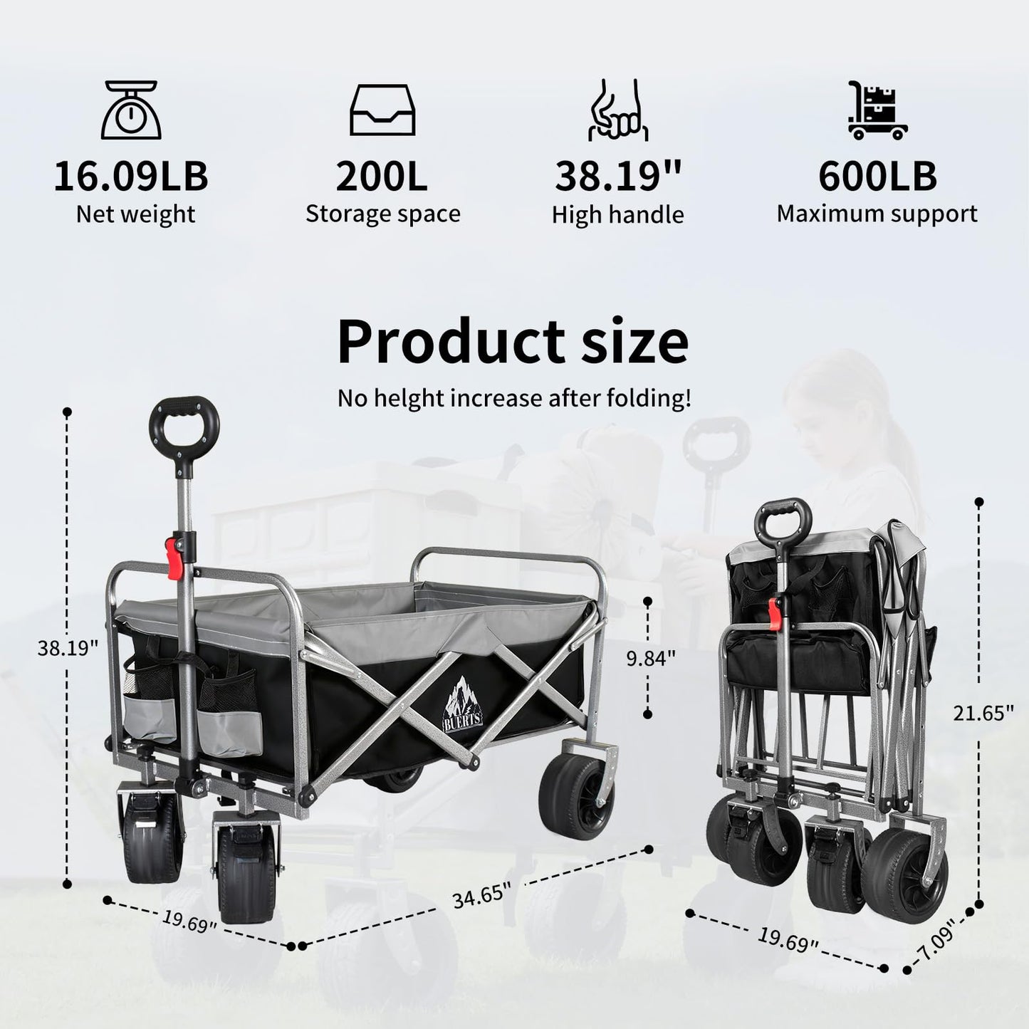BUERTS Collapsible Wagon - 600LBS Heavy-Duty Large Capacity Foldable Utility Cart, Oversized All-Terrain Wheels, 3-Second Quick Fold Beach Wagon for Camping, Gardening, Beach & Backcountry Trip（BLACK）