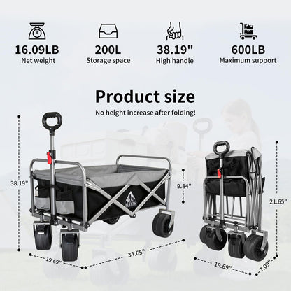 BUERTS Collapsible Wagon - 600LBS Heavy-Duty Large Capacity Foldable Utility Cart, Oversized All-Terrain Wheels, 3-Second Quick Fold Beach Wagon for Camping, Gardening, Beach & Backcountry Trip（BLACK）