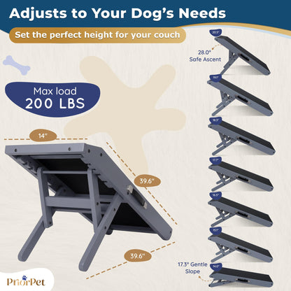 Dog Ramp for Couch – Non-Slip, Sturdy Build Foldable Wooden Dog Ramp – Supports up to 200 lbs – 7 Adjustable Heights (14"–20.5") – Enhanced Stability – Birchwood Pet Ramp for Small Dogs – Gray