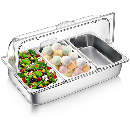 Ziliny 3 Pan Countertop Food Serving Display Container Stainless Steel Pizza Topping Station Display Rack Condiment Dispenser with Clear Roll Top Cover for Buffet Restaurant Hotel Kitchen Party
