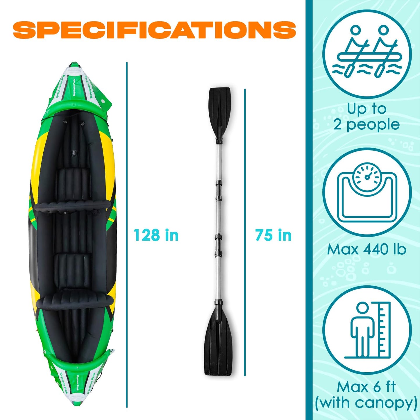 Keystone Peak Inflatable Kayak 2 Person with Detachable Sun Canopy – Heavy-Duty Tandem Kayak for Adults – Reinforced Paddles, Waterproof Phone Bags, Adjustable Seats, Extra Seat for Dog or Child