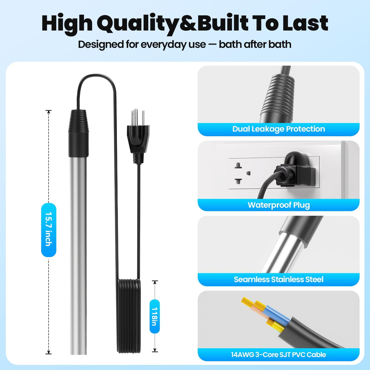 Immersion Water Heater for Bathtub, 2000W Portable Submersible Water Heater, Fast Heating Bathtub Water Heater for Small Above Ground Pool, Inflatable Hot Tub, Bucket, Stock Tank,Camping