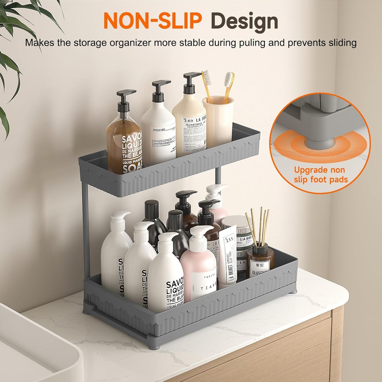 Sevenblue Multi-Purpose Under Sink Organizer - L-Shaped Pull-Out Cabinet Storage for Bathroom & Kitchen (Grey, 12.85 Inch)