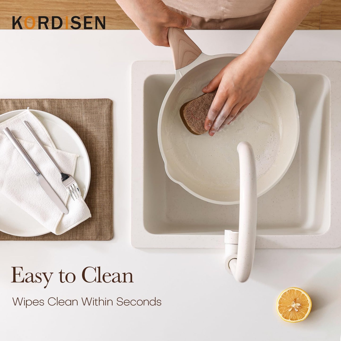 Kordisen Nonstick Ceramic Frying Pan Set, 3 Piece Ceramic Skillet Set, Healthy Non Toxic Cooking Pan, Stay-Cool Handle, Induction Compatible, PFOA & PFAS Free, White(9.5, 11, 12.5 Inch)