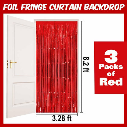 3 Pack Red Foil Fringe Curtains Backdrop, 3.28 x 8.2 Ft Metallic Streamers Tinsel Curtains Background for Photo Booth, Birthday, Halloween, Christmas, Thanksgiving, New Year Party Decorations