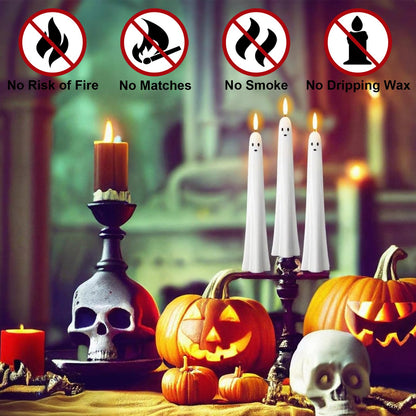 DRomance Halloween Ghost Flameless Taper Candles Flickering Battery Operated with Remote and Timer 3D Wick White Real Wax LED Taper Candles Halloween Dinner Decoration Indoor(2 Pack, 0.79"D x 9.5"H)