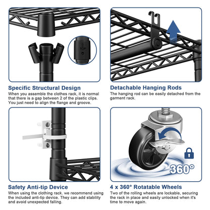 ULIFHOME P8C Pro Heavy Duty Clothes Rack（With Extended Width Design） Rolling Clothing Racks for Hanging Clothes with Lockable Wheels，42" W x 15.8" D x 80.5" H，Load 700LBS，Black Rack with Black Cover