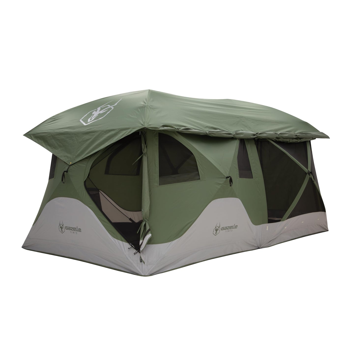Gazelle Tents™ T4 Tandem Hub Tent with Overland Kit, Easy 90 Second Set-Up, Waterproof, UV Resistant, Removable Floor, Stakes, Duffle Bag, 4-8 Person, Alpine Green/Slate, 165" x 94" x 78", GK916
