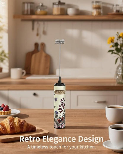 INFOOD Milk Frother - Rechargeable Coffee Frother Wand with 2 Detachable Stainless Whisks | Vintage Floral Design
