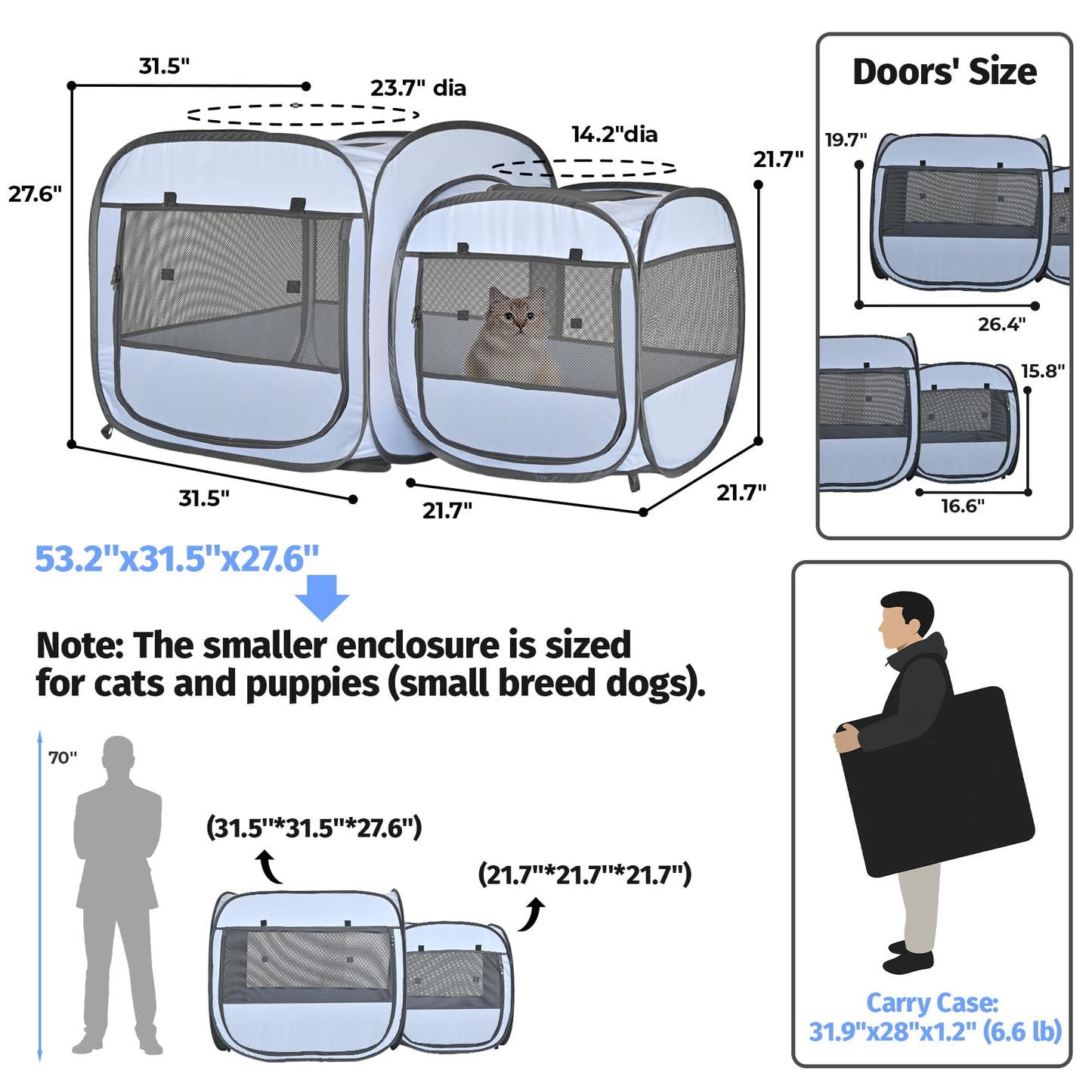 EighteenTek® 2-in-1 Portable Cat Playpen(Front Doors), Pop up Kitten Playpen, Assembly-Free, Pet Tent Crates Kennel Cage Enclosure for Dog Puppy Indoor Outdoor(No Divider, Unified Space)