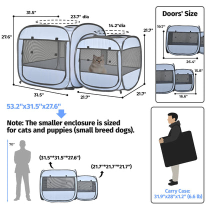 EighteenTek® 2-in-1 Portable Cat Playpen(Front Doors), Pop up Kitten Playpen, Assembly-Free, Pet Tent Crates Kennel Cage Enclosure for Dog Puppy Indoor Outdoor(No Divider, Unified Space)
