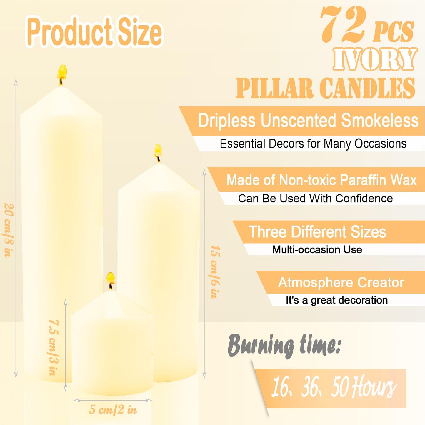Veiuwa 72 Pack Ivory Pillar Candles Bulk Set, 2x3 2x6 2x8 Inch - 24 Each Size, Dripless Smokeless Clean Burning for Wedding Centerpieces, Home Decor, Church, Romantic Ambiance！