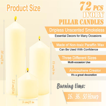 Veiuwa 72 Pack Ivory Pillar Candles Bulk Set, 2x3 2x6 2x8 Inch - 24 Each Size, Dripless Smokeless Clean Burning for Wedding Centerpieces, Home Decor, Church, Romantic Ambiance！