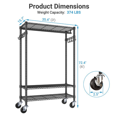 VIPEK R3 Heavy Duty Garment Rack with Lockable Wheels, Portable Rolling Closet with Adjustable Shelves & Hanging Rod & Side Hooks, Compact Space-Saving Storage for Small Apartments/Dorms (Black)
