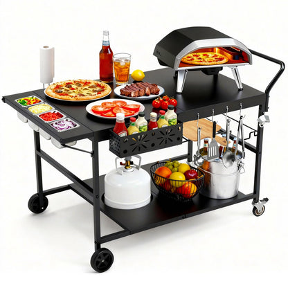 47" Outdoor Pizza Oven Table with Wheels, Pizza Oven Cart for Outside with Propane Tank Holder, Heavy Duty Pizza Oven Stand Prep Table for BBQ Patio Backyard Cooking