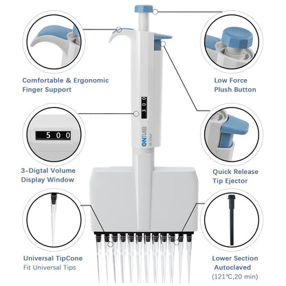 ONiLAB Lab Micropipette, Adjustable Volume 12-Channel Multichannel Pipettors, 50-300μl