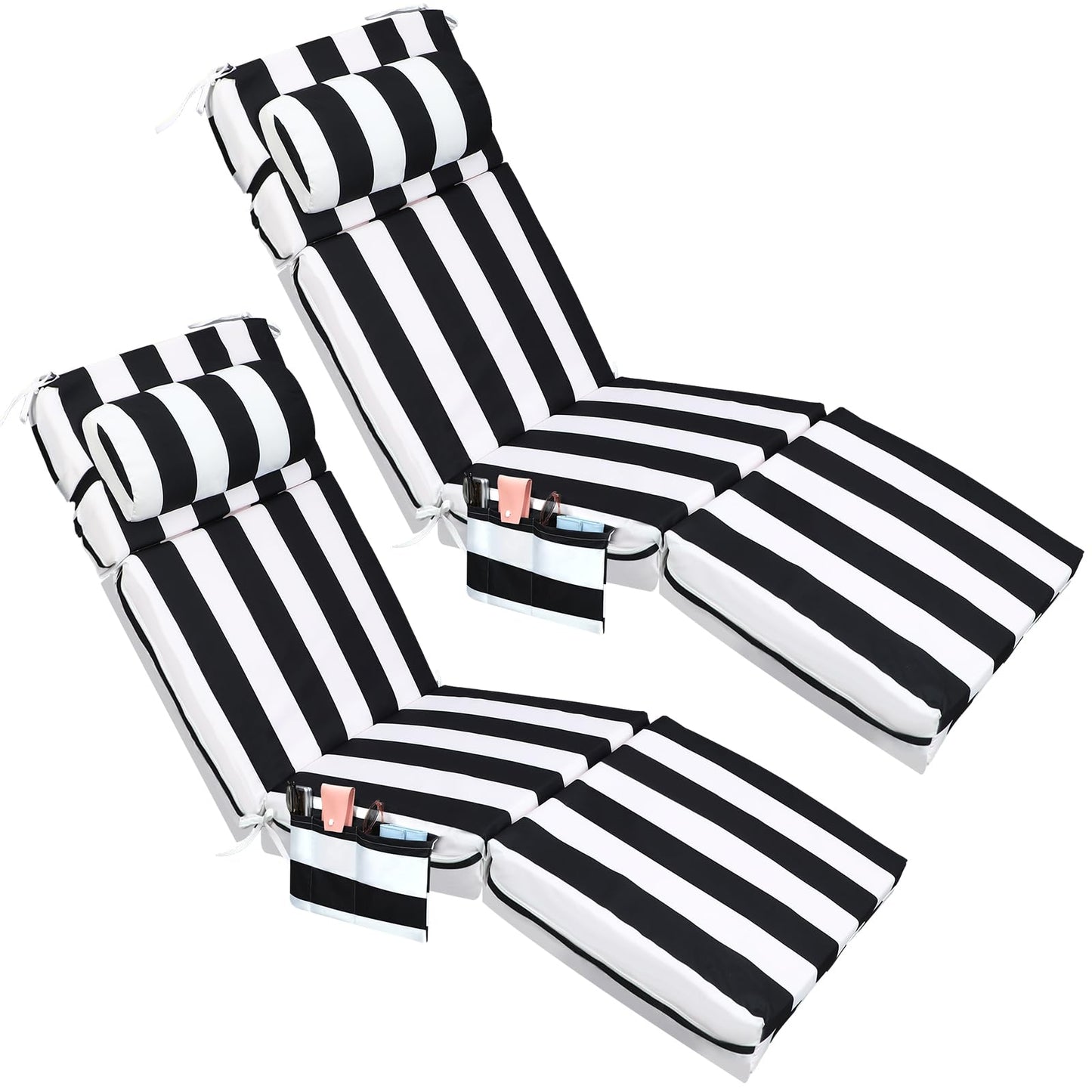 Wenqik 2 Pcs Outdoor Chaise Lounge Cushion with Pillow and Side Pocket Waterproof Lounge Chair Cushions with Pocket on Back 72 x 21 x 4 Inch Patio Replacement Pad for Pool Furniture(Black and White)