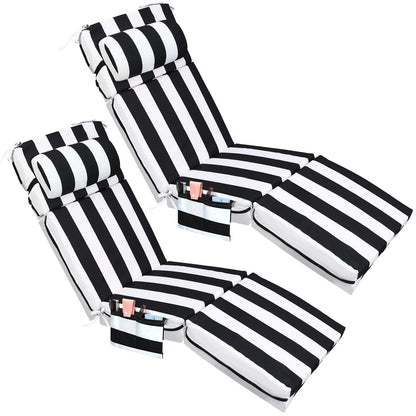 Wenqik 2 Pcs Outdoor Chaise Lounge Cushion with Pillow and Side Pocket Waterproof Lounge Chair Cushions with Pocket on Back 72 x 21 x 4 Inch Patio Replacement Pad for Pool Furniture(Black and White)