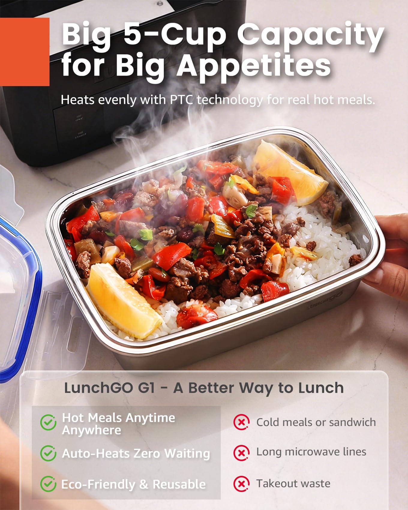 LUNCHGO® G1 Cordless Electric Heated Lunch Box, Battery Powered Self Heating Lunch Box, 5-Cup Capacity, 250°F Max, Scheduled Heating, Rechargeable Food Warmer for Work, Travel & Outdoor Use