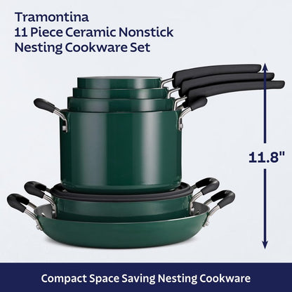 Tramontina Ceramic Non Stick 11-Piece Nesting Pots and Pans Set with Lids - Stackable Nonstick Cookware Set, Dishwasher and Oven Safe, Teal