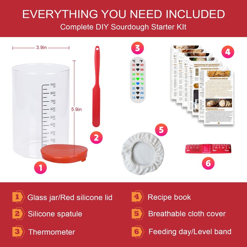 34oz Sourdough Starter Kit, Large Capacity Glass Sourdough Starter Jar, Reusable Starter Set of Sourdough Bread Baking Supplies with 6 Essential Yeast Starter Tools