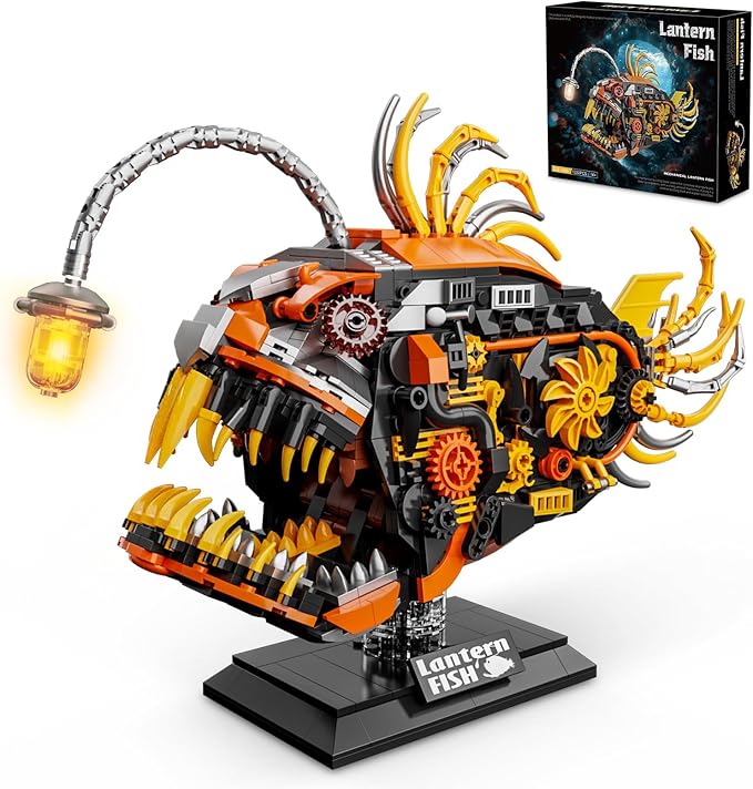 Mechanical Angler Fish Building Set with Light Creative Ocean Lantern Fish Animal Toy for Home Office Decor Compatible with Lego Shark STEM Gift for Adults Teens Boys 8-14+ (1022 PCS)