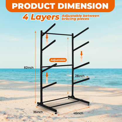 Wemily Freestanding Kayak Storage Rack – Vertical 4-Tier Organizer for Kayaks, Canoes & Paddleboards, Heavy-Duty Indoor/Outdoor Stand with Protective Foam Padding