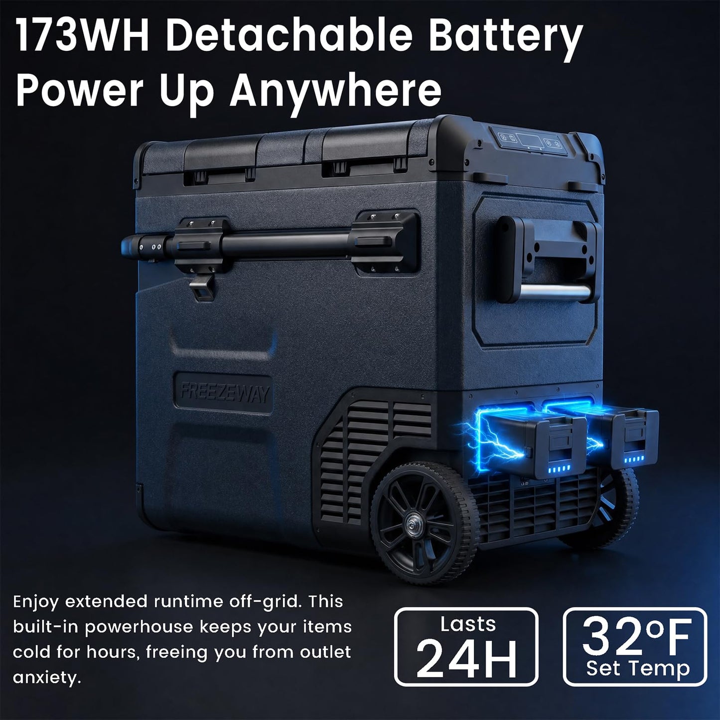 FreezeWay 171Wh Detachable Battery For Portable Car Refrigerator, Rechargeable Electric Cooler Battery for 12/24V DC and 120-240V AC Freezer Fridge, 15600mAh Lithium Car Refrigerator Plug-in Battery