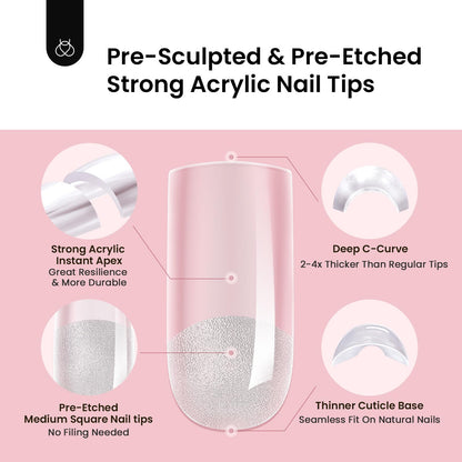 Beetles Tipex Gel Nail Kit, Medium Almond Nail Tips 224 Pcs 16 Sizes Pre-Building Pre-Etched Thick Acrylic Tips with Tipex Glue, Mini Lamp