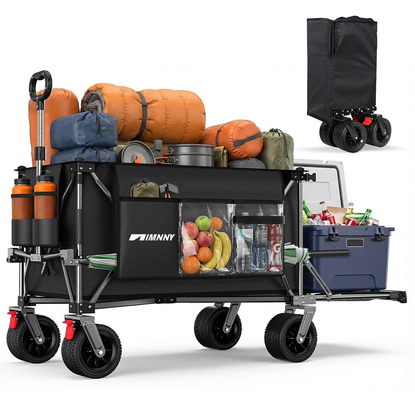 Aimnny 55" Collapsible Wagon with Tailgate & Brakes - 500LBS Heavy Duty Multi-Terrain Cart, 300L Foldable Utility Wagon with Cup Holders & Side Pockets for Beach Sand Camping Sports Shopping (Black)