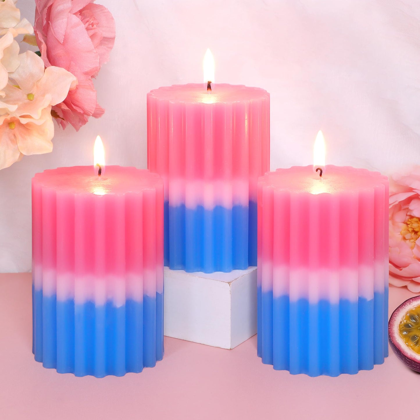 FLAVCHARM Ribbed Pillar Candles Fruity Floral Scented Pink Blue Ombre 3×4 Inch Candle Handcrafted Aesthetic Romantic Aromatherapy Candles for Home Decor Wedding Party Housewarming Gift