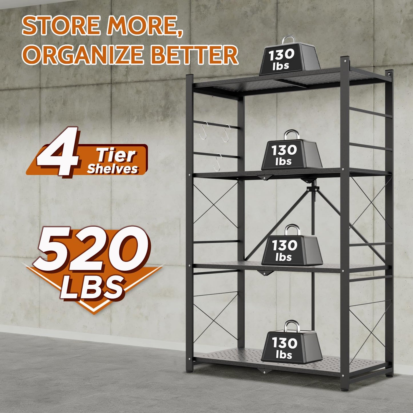 INTER HUT 4 Tier Foldable Greenhouse Shelving Unit, Heavy Duty Steel Plant Stand Storage Rack, No Assembly Required, 130lbs Per Shelf Capacity, 28"x14.6"x44.7”, 2 Pack, Black