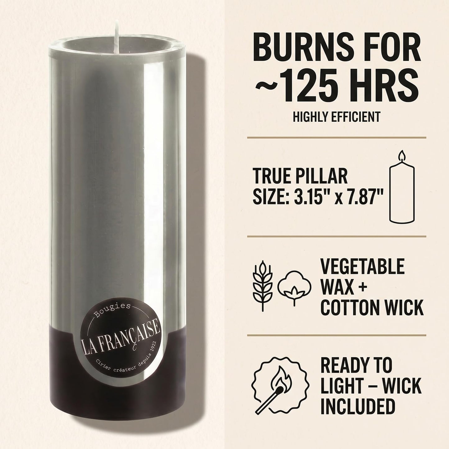 Bougies La Française Unscented Pillar Candle, Grey, Made in Tunisia, Ready-to-Light Cotton Wick Included, Vegetable Wax Decorative Candle, 3.15" Diameter × 7.87" Tall, Approx. 125-Hour Burn Time