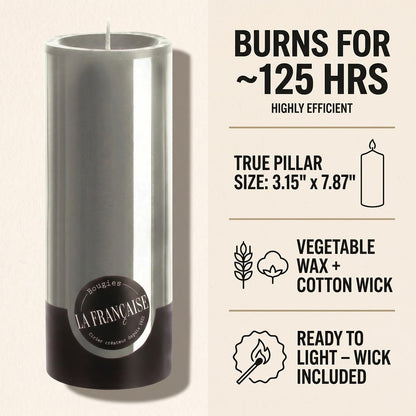 Bougies La Française Unscented Pillar Candle, Grey, Made in Tunisia, Ready-to-Light Cotton Wick Included, Vegetable Wax Decorative Candle, 3.15" Diameter × 7.87" Tall, Approx. 125-Hour Burn Time