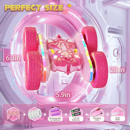 Remote Control Car for Girls Pink RC Cars Stunt RC Car Girl Toys for Girls Double-Sided 360° Rotating with Headlights 4WD Kid Toys for Birthday Gifts (Pink)