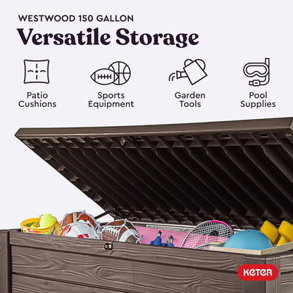 Keter Westwood 150 Gallon Deck Box - Large Resin Outdoor Storage & 2-Person Bench Seat in Brown